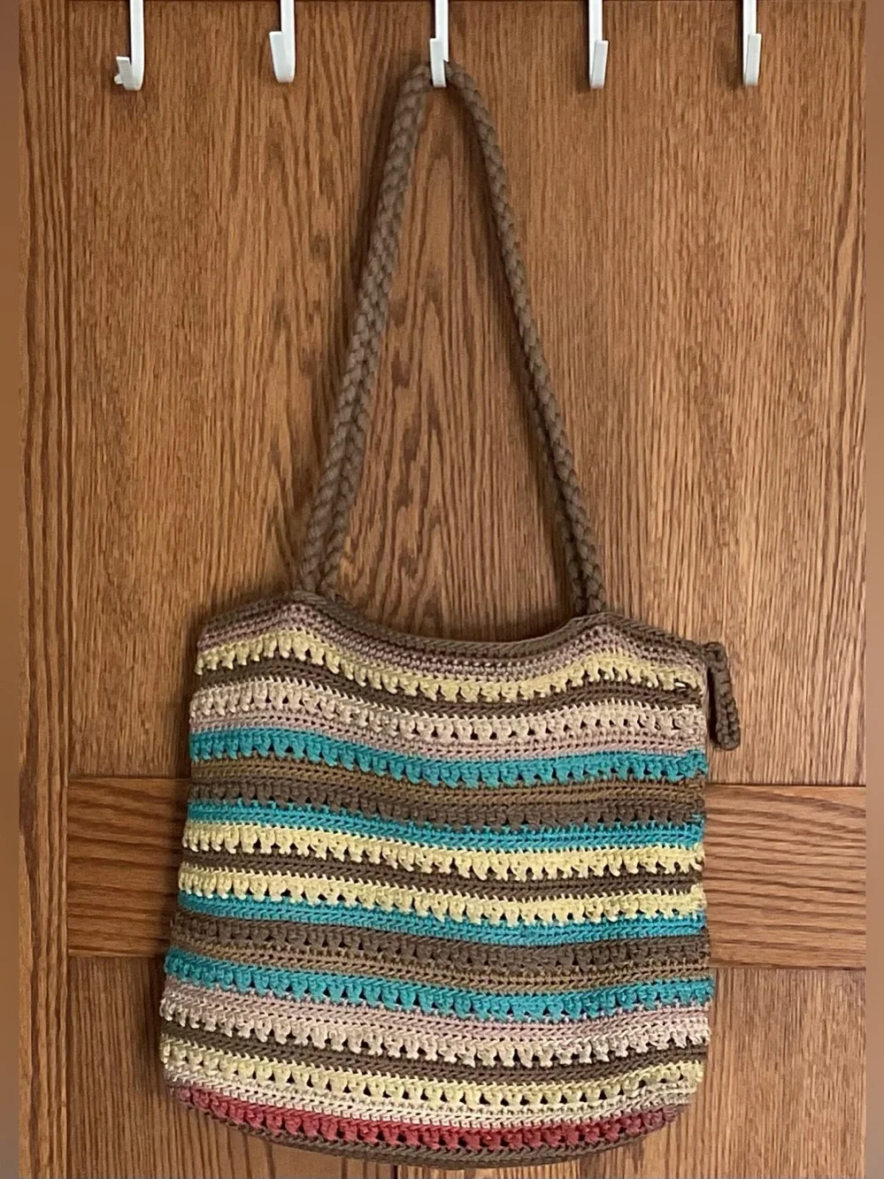 The Sak Multicolor Crochet Shoulder Bag in Brown, Teal, Cream, Yellow, Coral